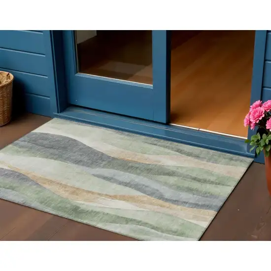 Artichoke Green And Gray Abstract Washable Indoor Outdoor Area Rug Photo 2