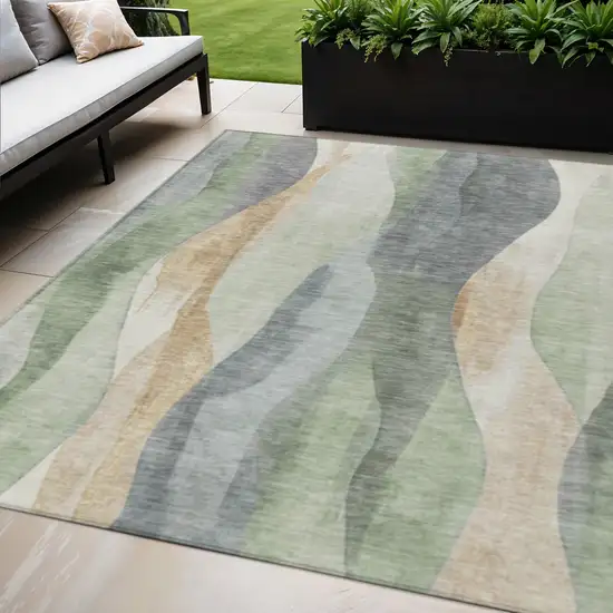 Artichoke Green And Gray Abstract Washable Indoor Outdoor Area Rug Photo 2