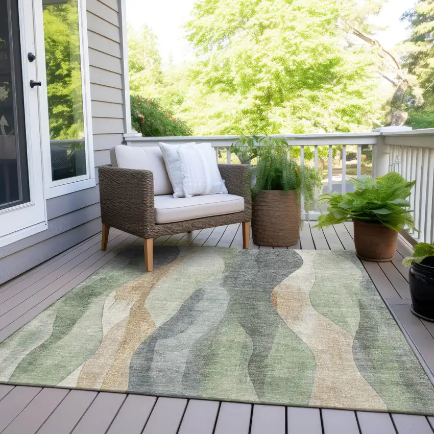 Artichoke Green And Gray Abstract Washable Indoor Outdoor Area Rug Photo 6
