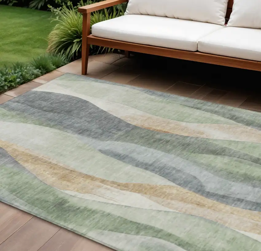 Artichoke Green And Gray Abstract Washable Indoor Outdoor Area Rug Photo 2