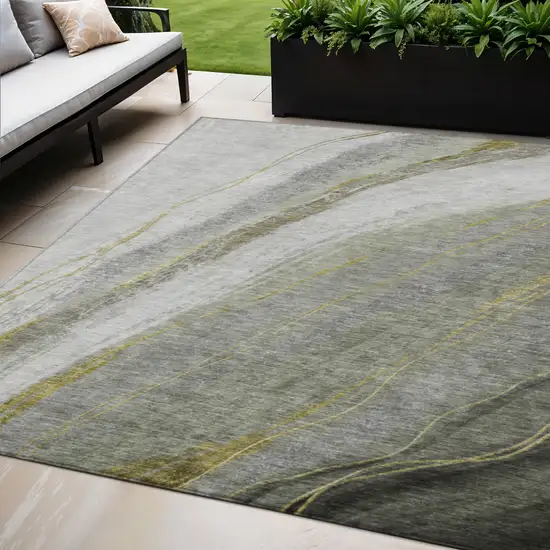 Artichoke Green And Gray Abstract Washable Indoor Outdoor Area Rug Photo 2