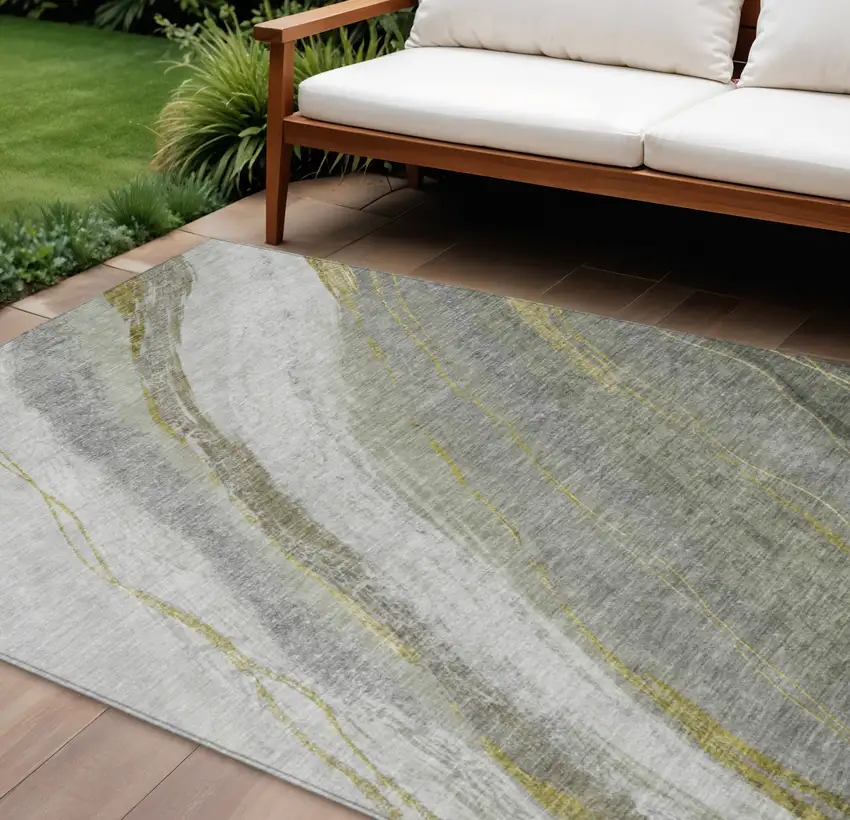 Artichoke Green And Gray Abstract Washable Indoor Outdoor Area Rug Photo 2