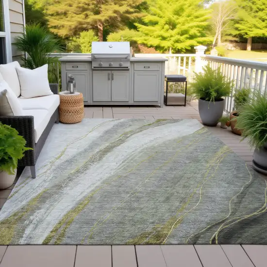 Artichoke Green And Gray Abstract Washable Indoor Outdoor Area Rug Photo 6