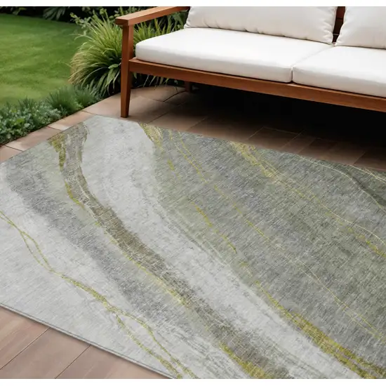 Artichoke Green And Gray Abstract Washable Indoor Outdoor Area Rug Photo 2