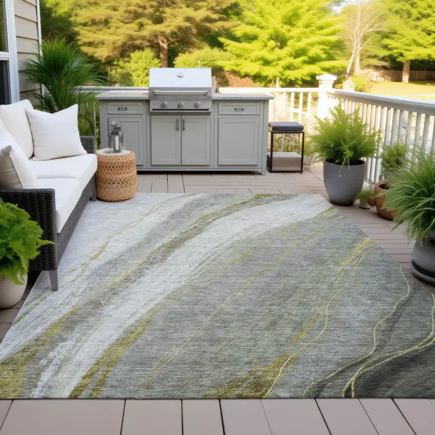 Artichoke Green And Gray Abstract Washable Indoor Outdoor Area Rug Photo 6