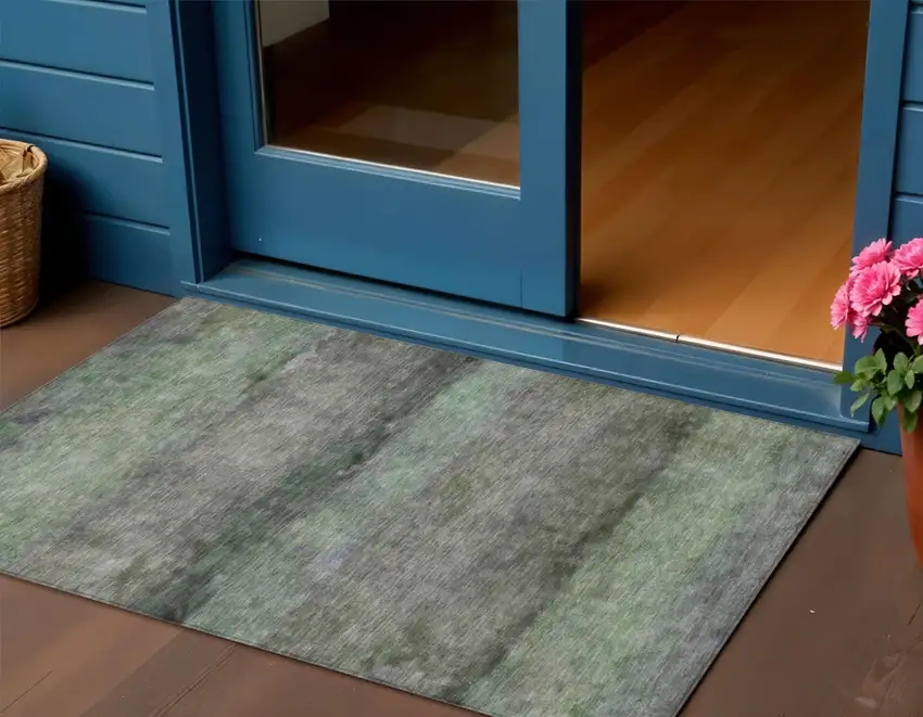 Artichoke Green And Gray Abstract Washable Indoor Outdoor Area Rug Photo 1