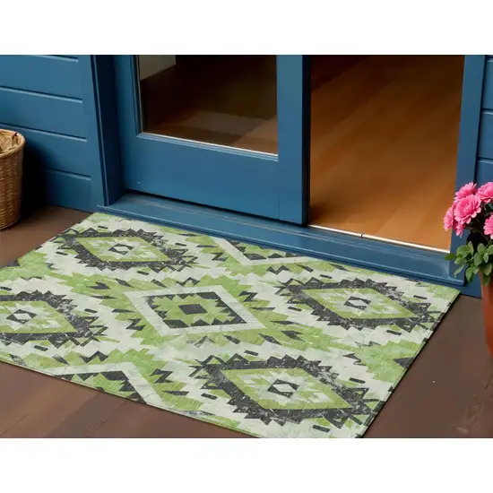 Artichoke Green And Gray Aztec Washable Indoor Outdoor Area Rug Photo 2