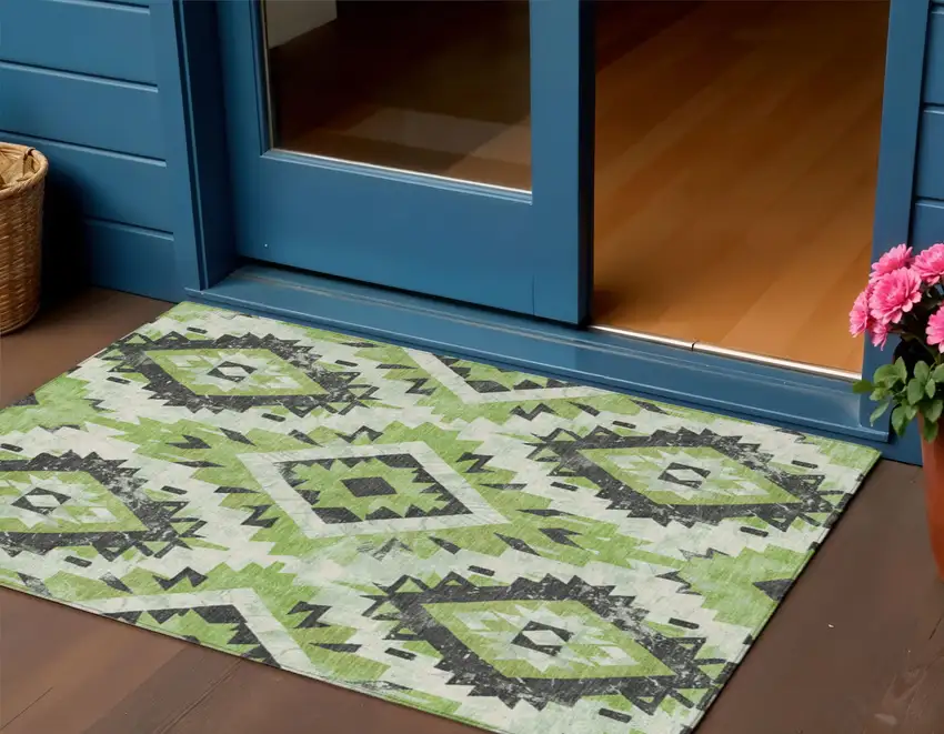 Artichoke Green And Gray Aztec Washable Indoor Outdoor Area Rug Photo 2