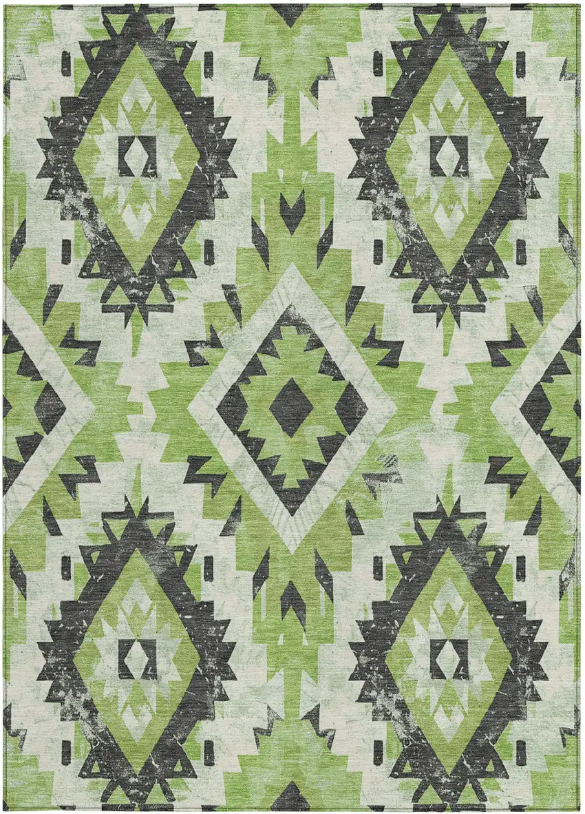 Artichoke Green And Gray Aztec Washable Indoor Outdoor Area Rug Photo 3