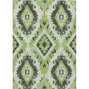 Photo of Artichoke Green And Gray Aztec Washable Indoor Outdoor Area Rug