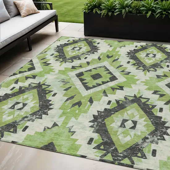 Artichoke Green And Gray Aztec Washable Indoor Outdoor Area Rug Photo 2