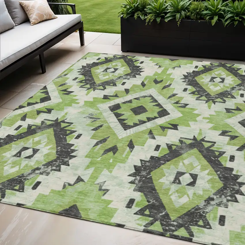 Artichoke Green And Gray Aztec Washable Indoor Outdoor Area Rug Photo 2