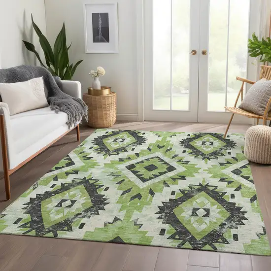 Artichoke Green And Gray Aztec Washable Indoor Outdoor Area Rug Photo 7