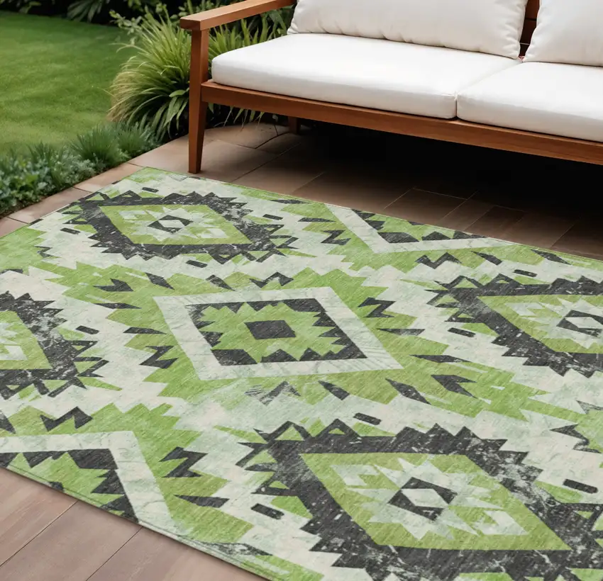 Artichoke Green And Gray Aztec Washable Indoor Outdoor Area Rug Photo 2