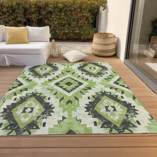 Artichoke Green And Gray Aztec Washable Indoor Outdoor Area Rug Photo 8