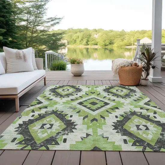 Artichoke Green And Gray Aztec Washable Indoor Outdoor Area Rug Photo 5