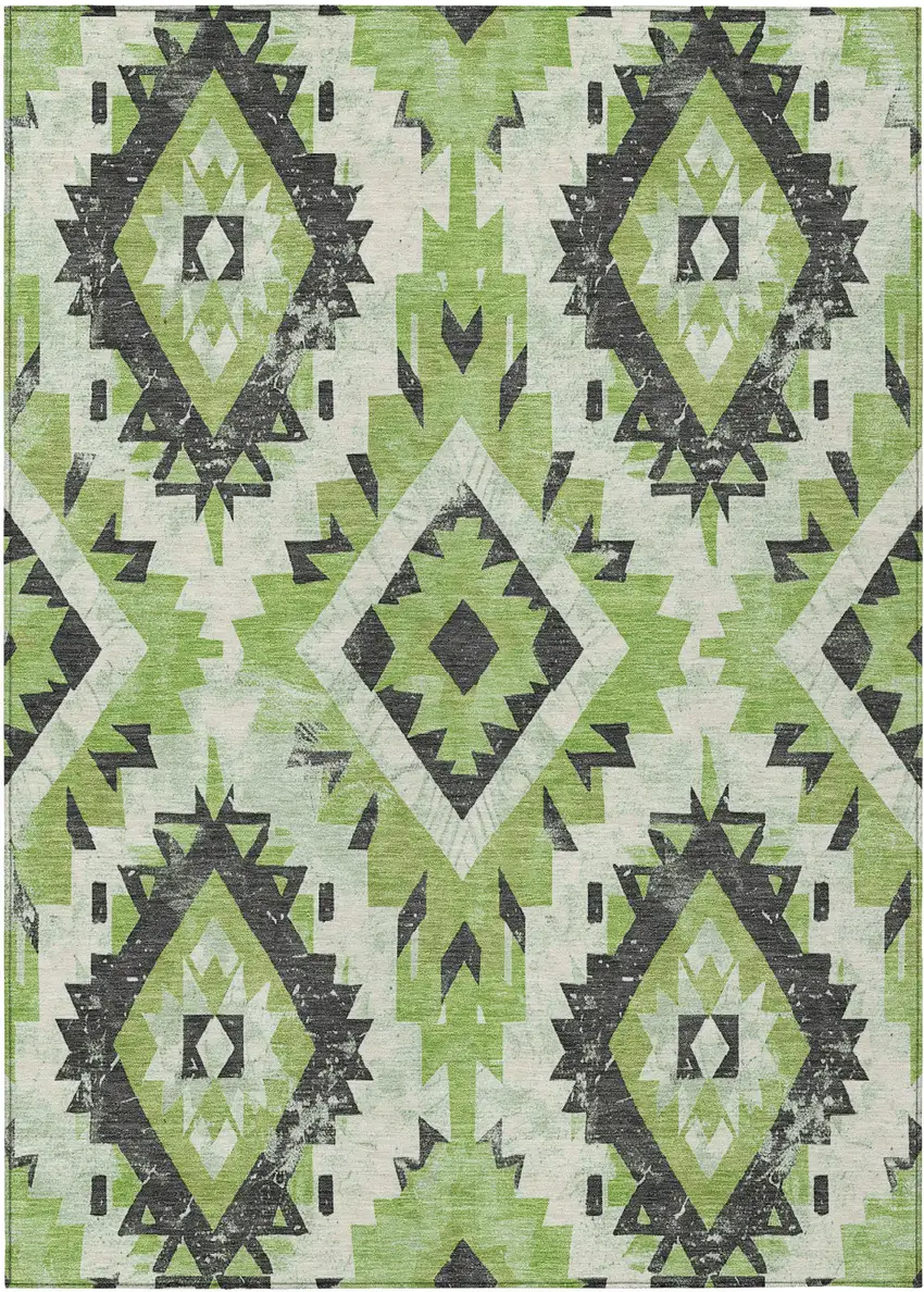 Artichoke Green And Gray Aztec Washable Indoor Outdoor Area Rug Photo 1
