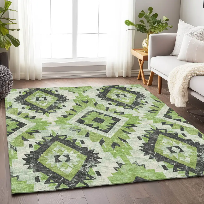 Artichoke Green And Gray Aztec Washable Indoor Outdoor Area Rug Photo 6