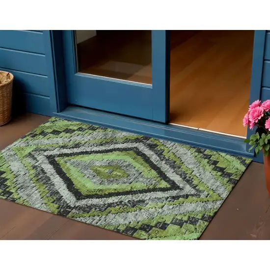 Artichoke Green And Gray Aztec Washable Indoor Outdoor Area Rug Photo 2
