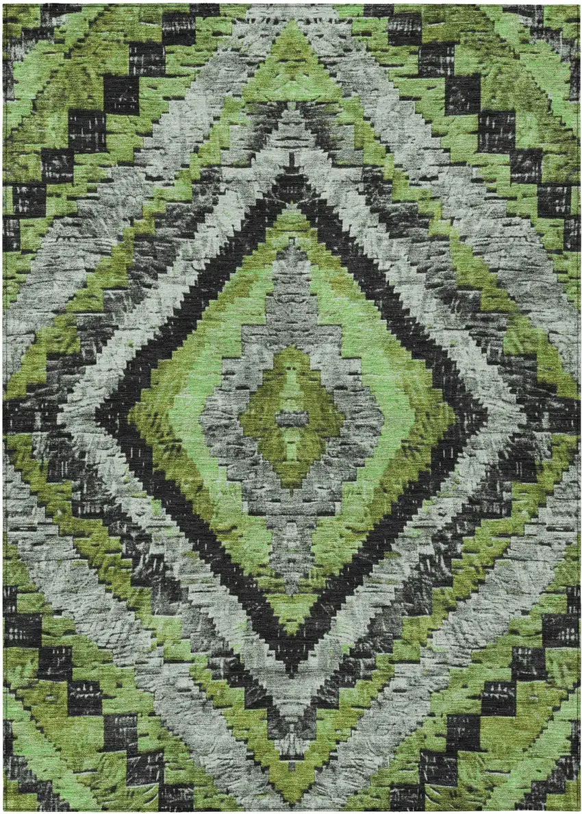 Artichoke Green And Gray Aztec Washable Indoor Outdoor Area Rug Photo 1