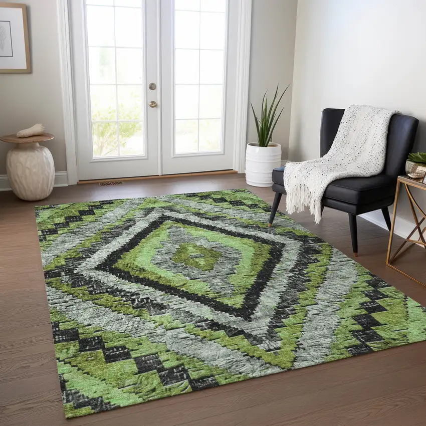 Artichoke Green And Gray Aztec Washable Indoor Outdoor Area Rug Photo 6