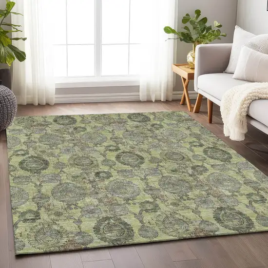Artichoke Green And Gray Damask Washable Area Rug With UV Protection Photo 5