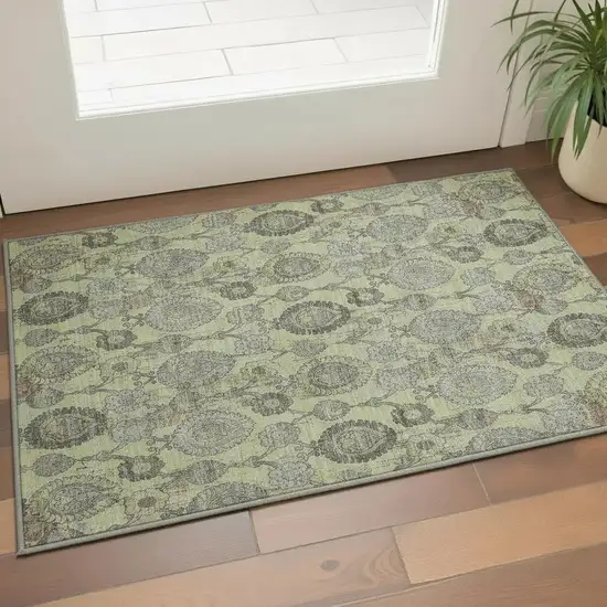 Artichoke Green And Gray Damask Washable Area Rug With UV Protection Photo 2