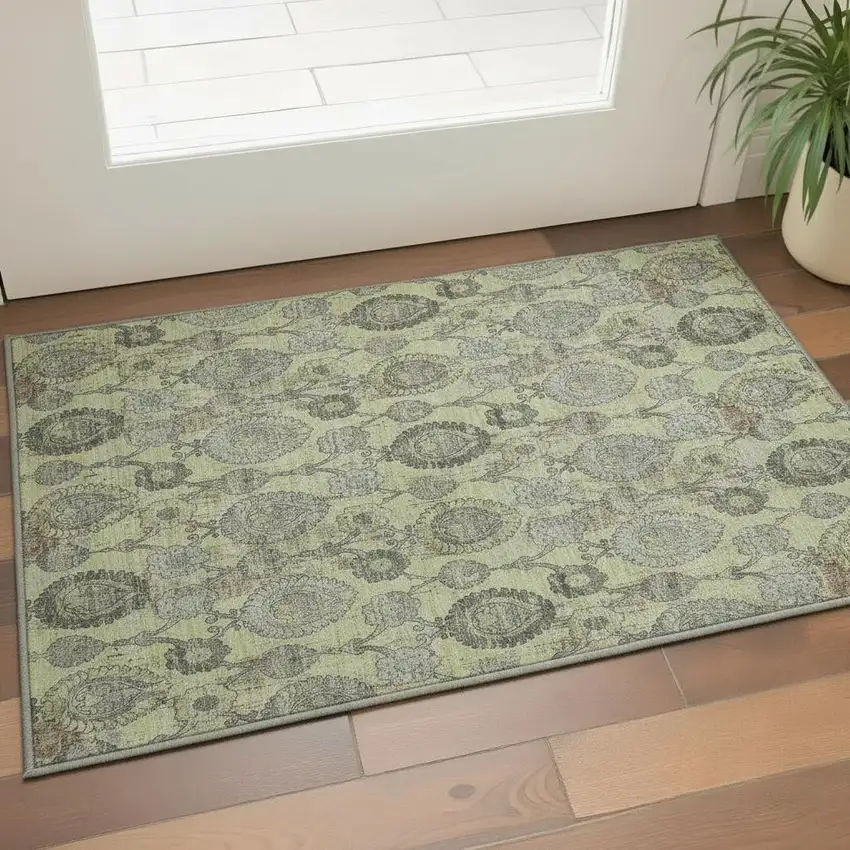 Artichoke Green And Gray Damask Washable Area Rug With UV Protection Photo 2