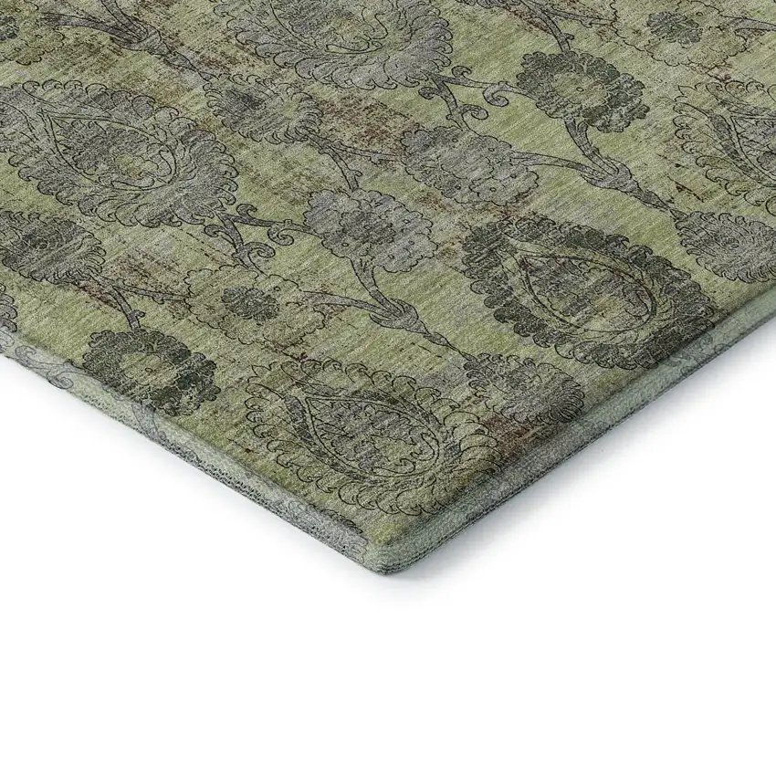 Artichoke Green And Gray Damask Washable Area Rug With UV Protection Photo 7