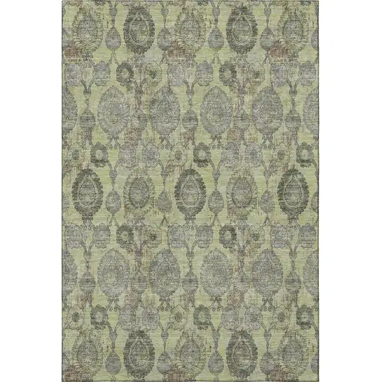 Artichoke Green And Gray Damask Washable Area Rug With UV Protection Photo 3