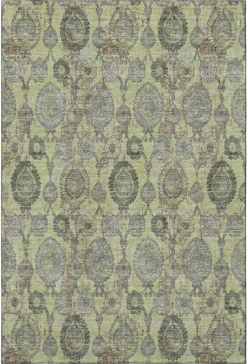 Artichoke Green And Gray Damask Washable Area Rug With UV Protection Photo 3