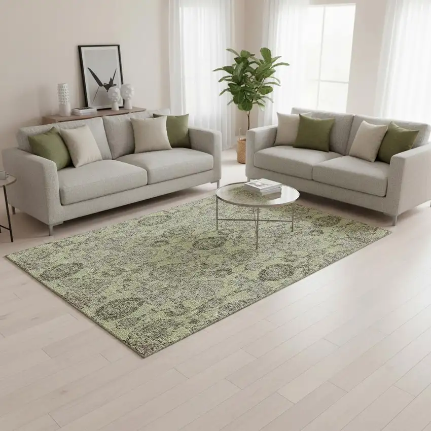 Artichoke Green And Gray Damask Washable Area Rug With UV Protection Photo 2