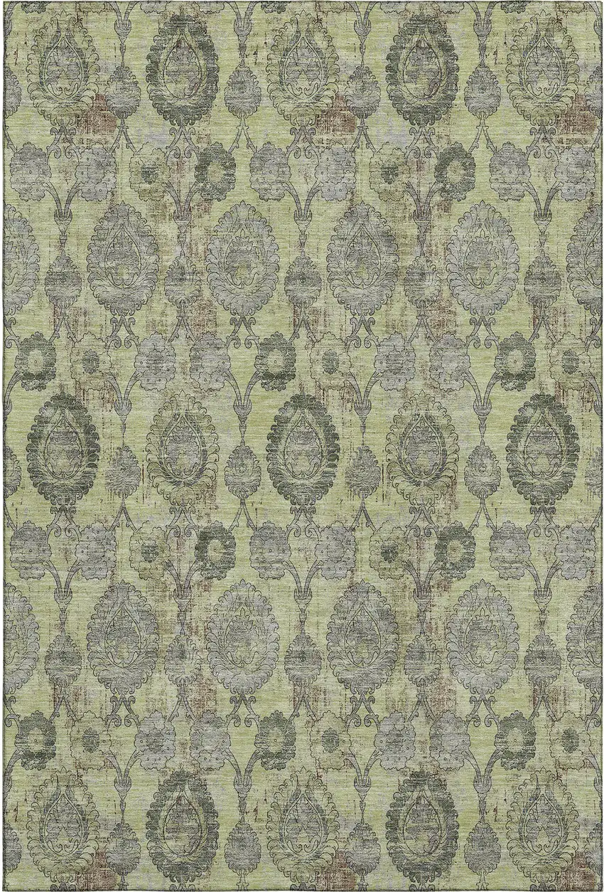 Artichoke Green And Gray Damask Washable Area Rug With UV Protection Photo 1