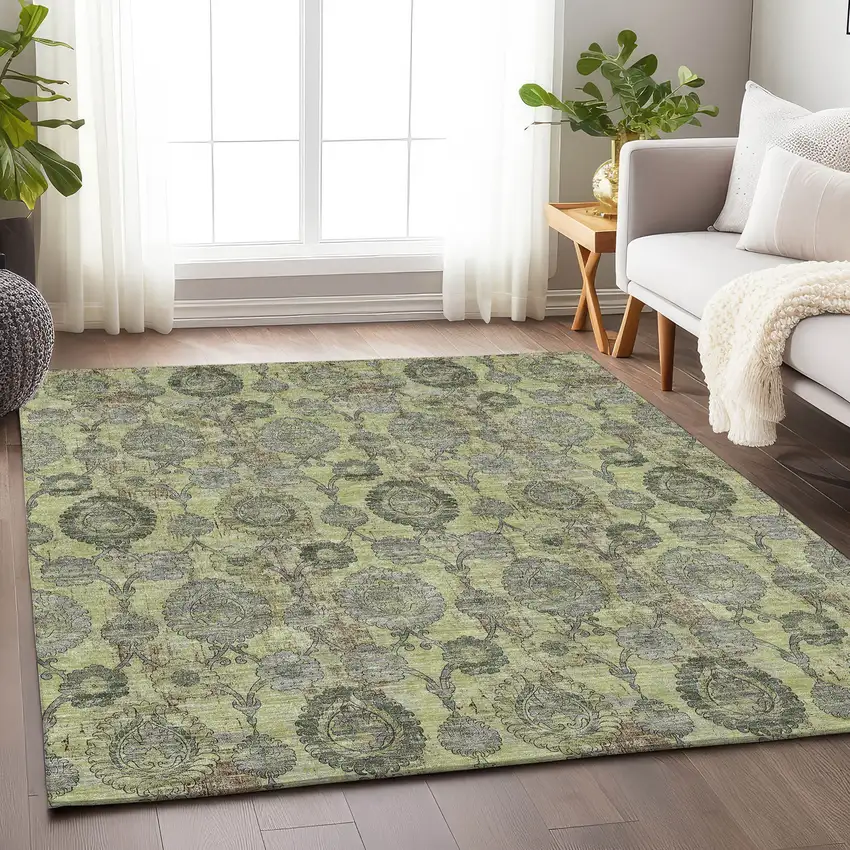 Artichoke Green And Gray Damask Washable Area Rug With UV Protection Photo 6