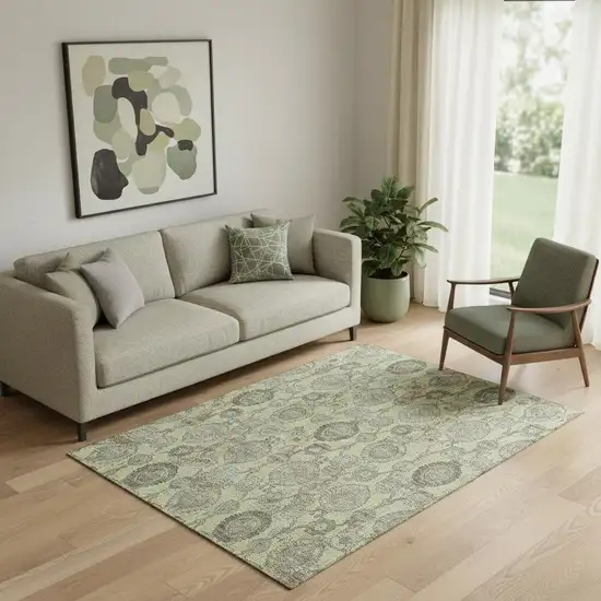 Artichoke Green And Gray Damask Washable Area Rug With UV Protection Photo 1