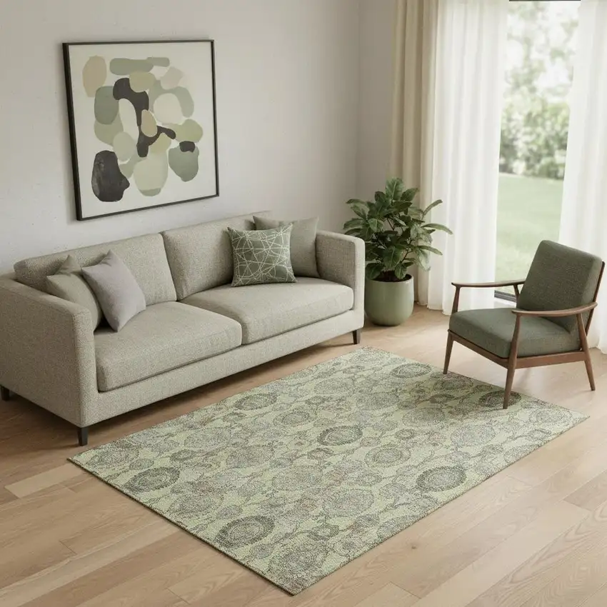 Artichoke Green And Gray Damask Washable Area Rug With UV Protection Photo 1