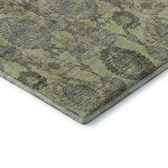 Artichoke Green And Gray Damask Washable Area Rug With UV Protection Photo 8