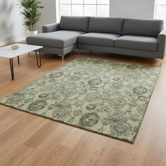 Artichoke Green And Gray Damask Washable Area Rug With UV Protection Photo 2
