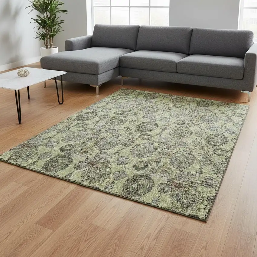Artichoke Green And Gray Damask Washable Area Rug With UV Protection Photo 2