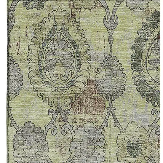 Artichoke Green And Gray Damask Washable Area Rug With UV Protection Photo 4