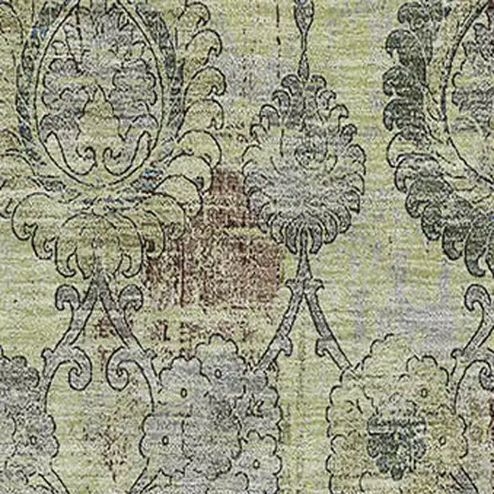 Artichoke Green And Gray Damask Washable Area Rug With UV Protection Photo 3