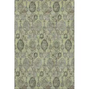 Photo of Artichoke Green And Gray Damask Washable Area Rug With UV Protection
