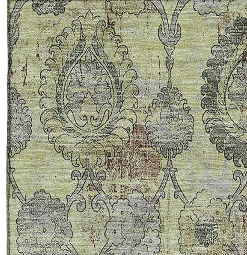 Artichoke Green And Gray Damask Washable Area Rug With UV Protection Photo 4
