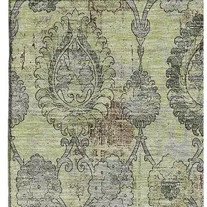 Photo of Artichoke Green And Gray Damask Washable Area Rug With UV Protection
