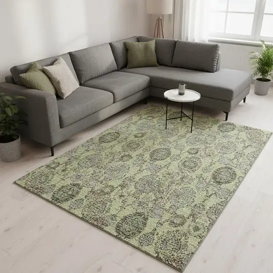 Artichoke Green And Gray Damask Washable Area Rug With UV Protection Photo 2