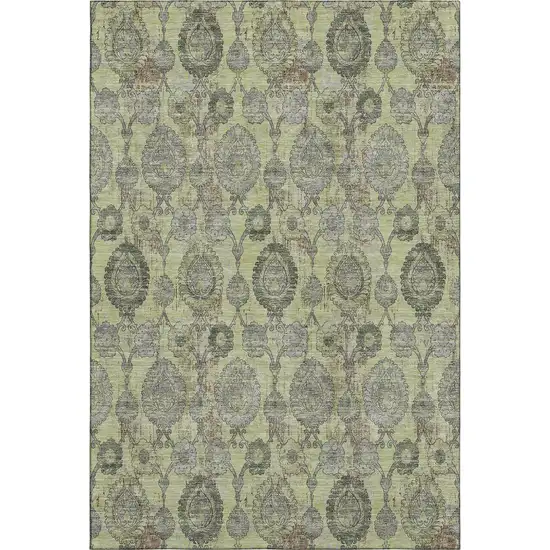 Artichoke Green And Gray Damask Washable Area Rug With UV Protection Photo 1