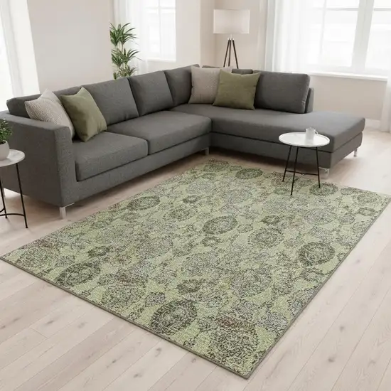 Artichoke Green And Gray Damask Washable Area Rug With UV Protection Photo 2