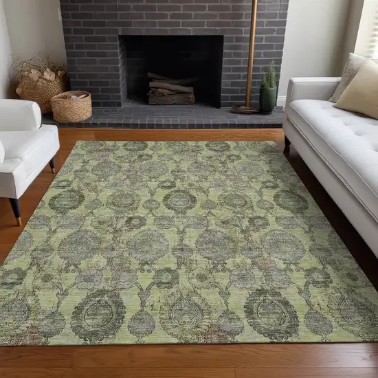 Artichoke Green And Gray Damask Washable Area Rug With UV Protection Photo 4