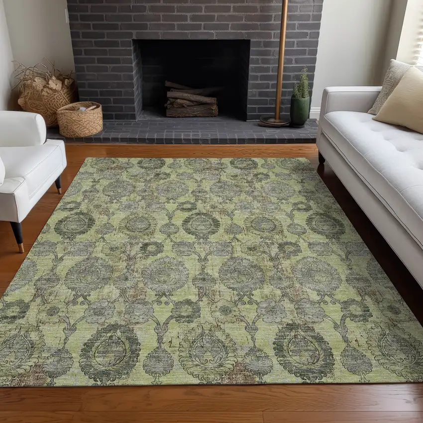 Artichoke Green And Gray Damask Washable Area Rug With UV Protection Photo 4