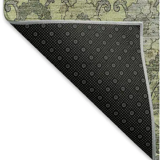 Artichoke Green And Gray Damask Washable Area Rug With UV Protection Photo 6